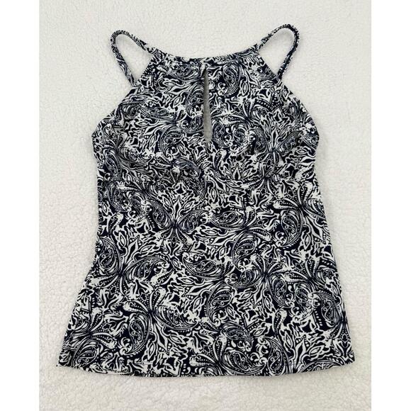 ELLEN TRACY‎ Green White Print Pattern High Neck Keyhole Tankini Top Size 8 - Picture 1 of 5